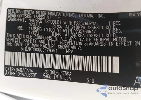 2012 Toyota Sienna Base V6 7 Passenger z USA, uszkodzony, nr VIN 5TDZK3DC0CS179391